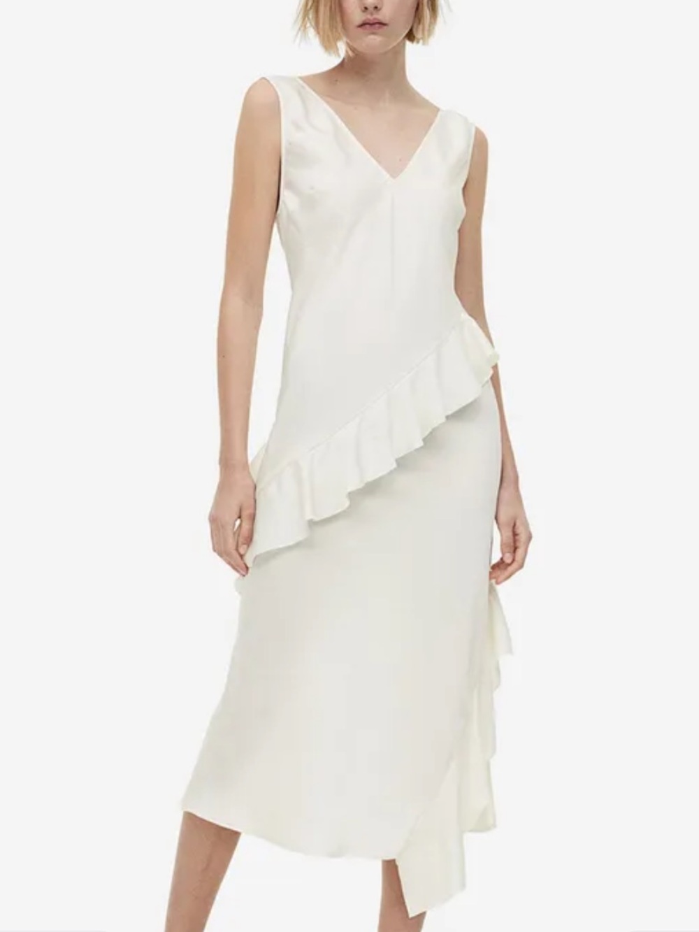H&M NWT Ivory V-Neck Ruffle Midi Dress Small *flaws*